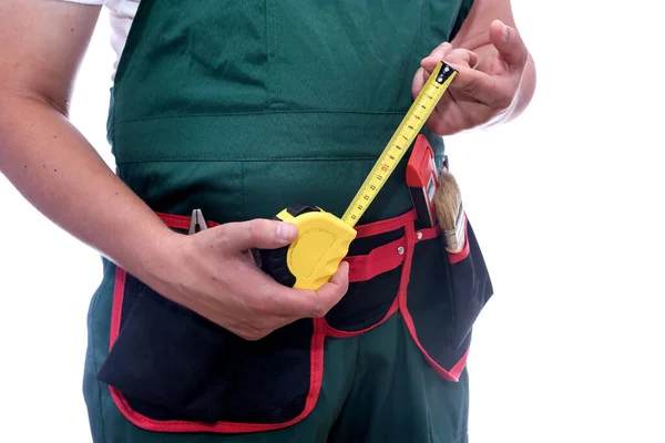 Homem Macacão Segurando Fita Métrica Isolada Branco — Fotografia de Stock