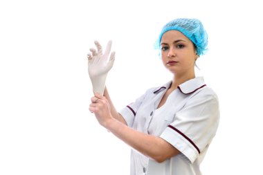 Koruyucu eldiven üzerinde beyaz izole koyarak doktor