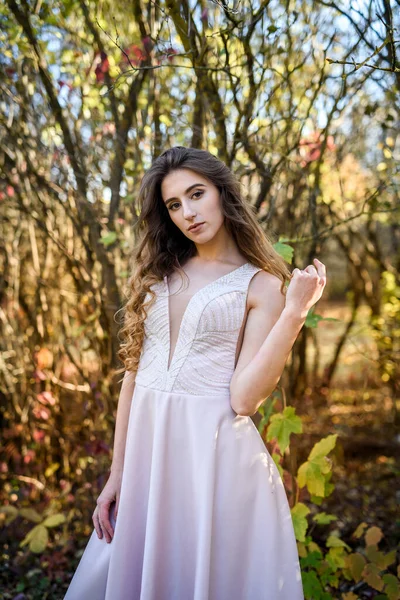 Dos Princesas Jóvenes Vistiendo Bonito Vestido Beige Parque Otoño Foto —  Fotos de Stock