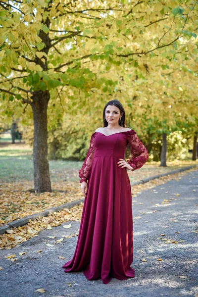 Молодая Принцесса Красивом Красном Платье Парке Фон Яркий Золотистая Осенняя — стоковое фото