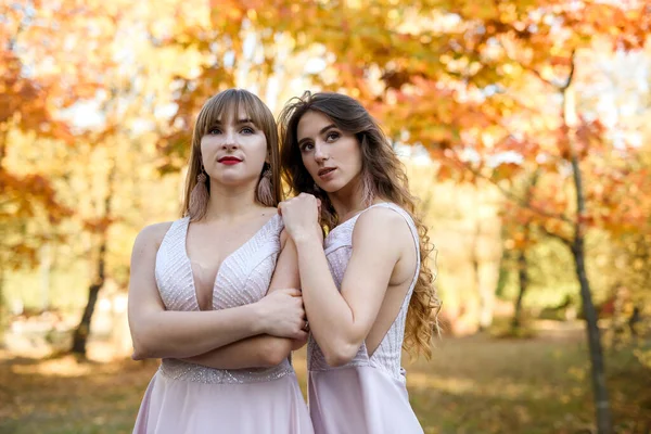 Dvě Mladé Princezny Pěkných Béžových Šatech Podzimním Parku Módní Fotka — Stock fotografie