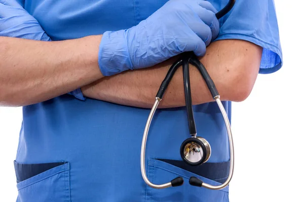 Mavi Üniformalı Genç Doktor Beyaz Arka Planda Izole Edilmiş Tıbbi — Stok fotoğraf