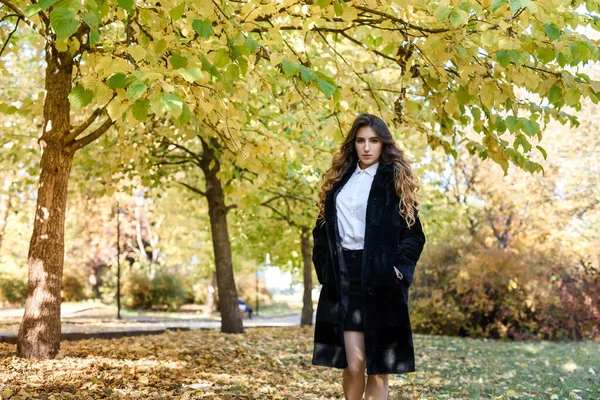 Wanita Muda Yang Cantik Dengan Mantel Bulu Hutan Musim Gugur — Stok Foto