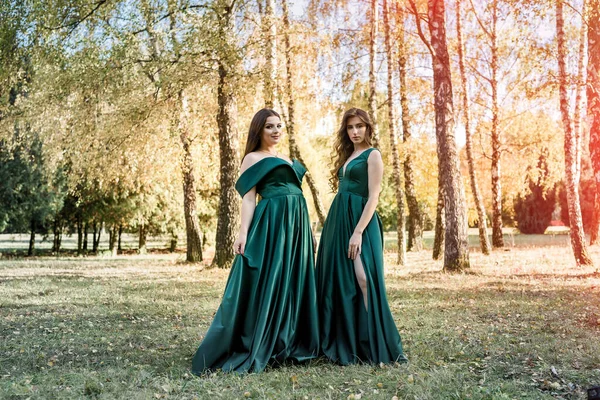 Señoras Vestidos Verdes Elegantes Caminando Parque Otoño Chica Morena Chicas — Foto de Stock