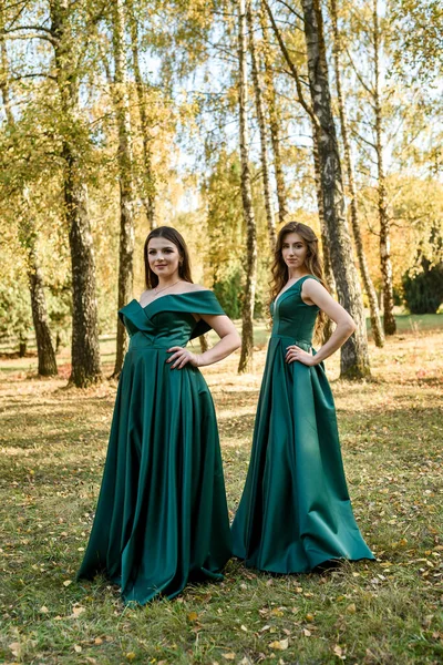 Señoras Vestidos Verdes Elegantes Caminando Parque Otoño Chica Morena Chicas — Foto de Stock