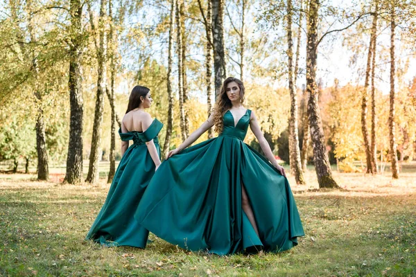 Señoras Vestidos Verdes Elegantes Caminando Parque Otoño Chica Morena Chicas — Foto de Stock