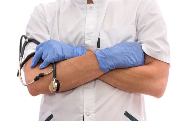 Médico Masculino Uniforme Com Estetoscópio Isolado Branco — Fotografia de Stock