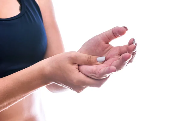 Kobieta Trzymająca Rękę Wypełniająca Ból Odizolowaną Biało — Zdjęcie stockowe