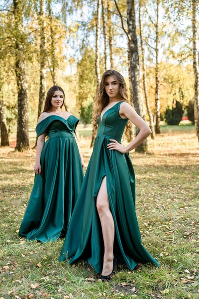 Дамы Элегантных Зеленых Платьях Прогуливаются Осеннем Парке Брюнетка Мечтательные Молодые — стоковое фото