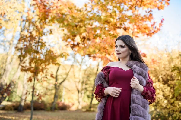 아름다운 드레스를 공주님 공원에 있습니다 배경은 황금빛 가을의 특성입니다 — 스톡 사진