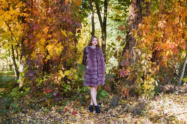 Modekvinna Leende Flicka Päls Posin Höst Park Med Träd Och — Stockfoto