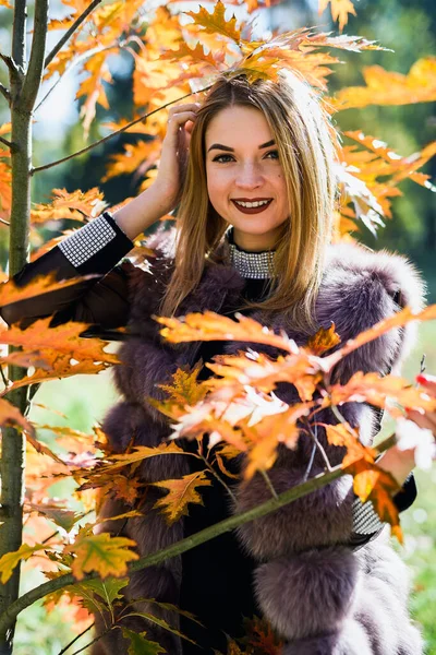 Modekvinna Leende Flicka Päls Posin Höst Park Med Träd Och — Stockfoto