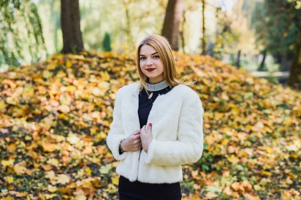 Mladá Štíhlá Žena Černých Šatech Kožešinové Bundě Pózuje Podzimním Parku — Stock fotografie