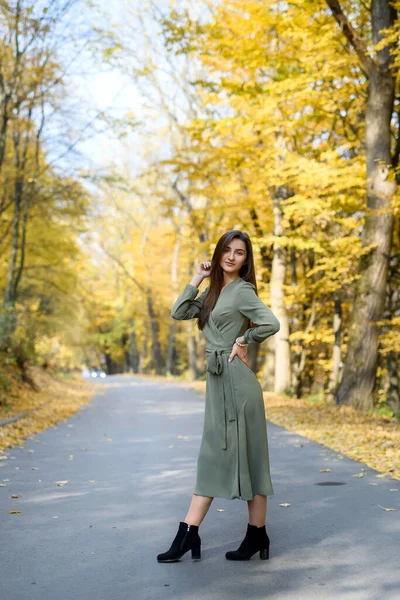 秋天的颜色穿着外套的漂亮女人站在路边的森林里 — 图库照片