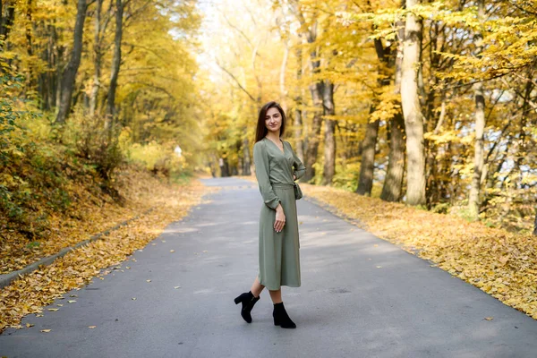 Retrato Mulher Morena Vestido Verde Posando Parque Outono — Fotografia de Stock