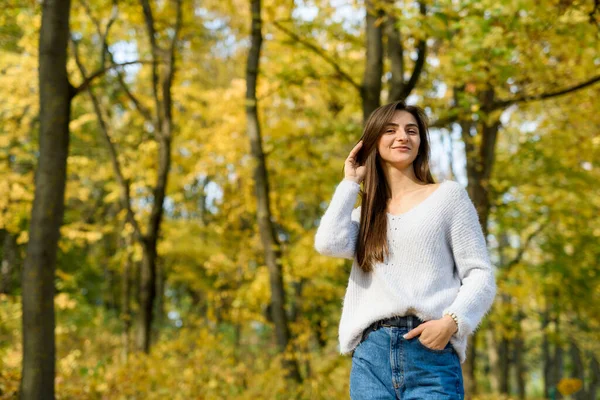 Paysage Automne Femme Tenue Décontractée Posant Dans Parc Aux Feuilles — Photo