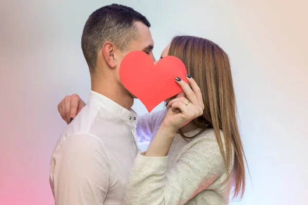 Couple Love Holding Red Heart Love Dating Celebration Valentine Day — Stock Photo, Image