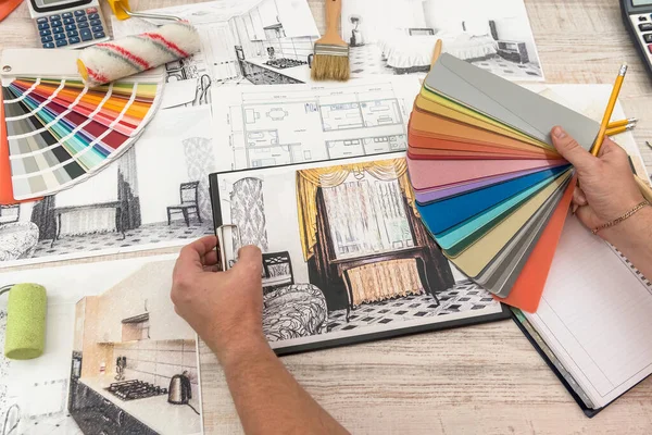 Designer Chooses Perfect Color New Apartment Sketch Modern Apartment — Stock Photo, Image