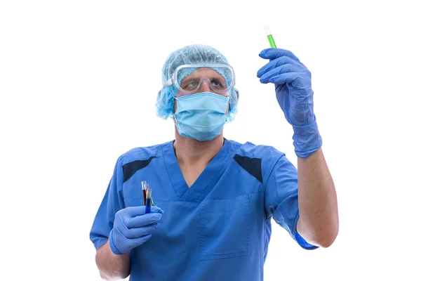 Chemist Work Man Protective Uniform Holding Test Tubes Isolated White — Stock Photo, Image