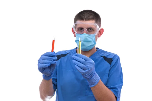 Chemist Work Man Protective Uniform Holding Test Tubes Isolated White — Stock Photo, Image