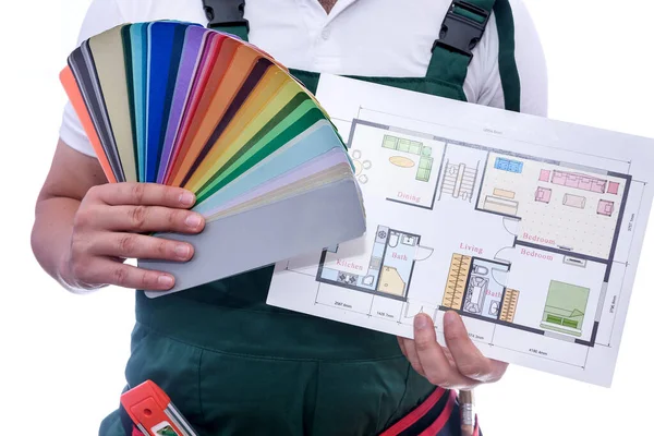 Mann Mit Farbtupfer Und Hausplan Isoliert Auf Weiß — Stockfoto