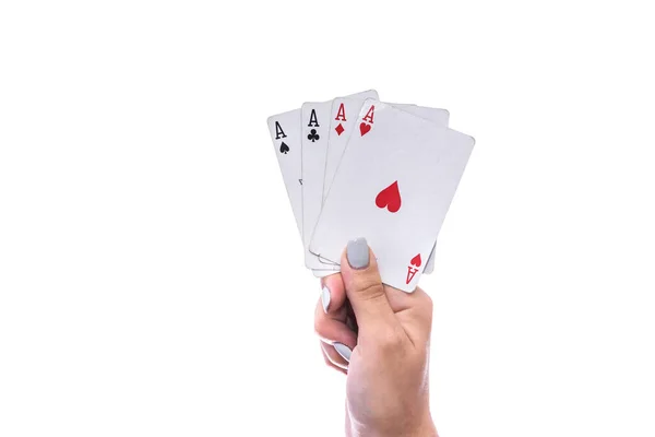 Gambling Concept Female Hand Holding Combination Four Aces Isolated White — Stock Photo, Image