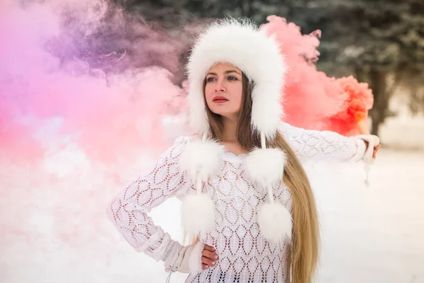 Attractive Woman Fur Hat Surrounded Red Smoke — Stock Photo, Image