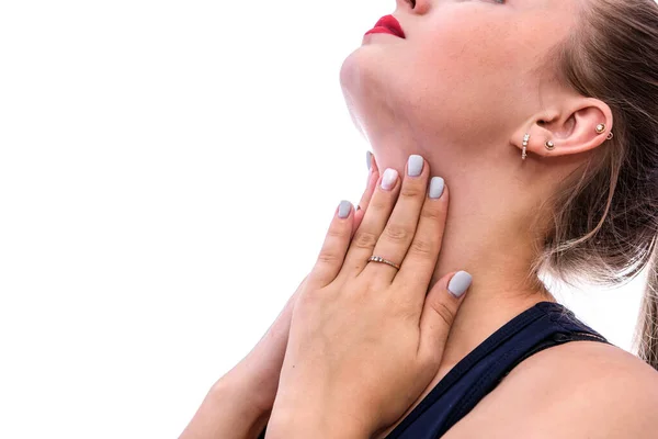 Woman Hands Throat Pain Concept Isolated White — Stock Photo, Image