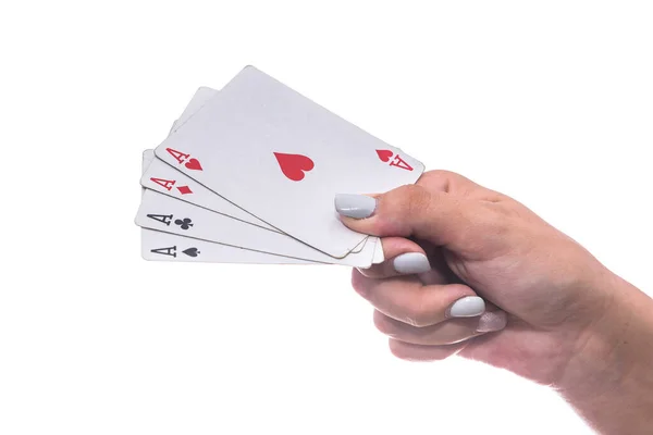 Gambling Concept Female Hand Holding Combination Four Aces Isolated White — Stock Photo, Image