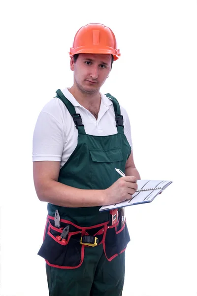 Trabajador Con Pluma Diario Aislado Blanco — Foto de Stock