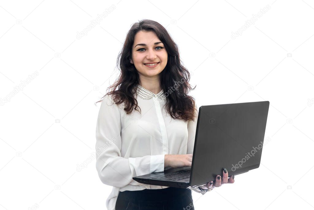 Young woman with laptop isolated on white
