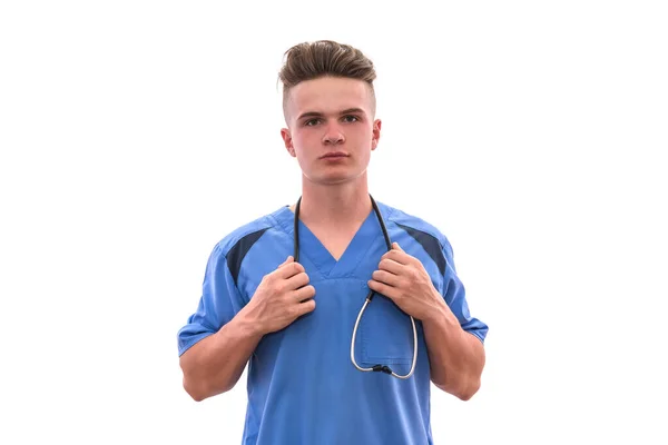 Médico Joven Inteligente Uniforme Médico Con Estetoscopio Posando Aislado Sobre — Foto de Stock