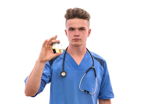 Concepto Médico Médico Con Ampollas Posando Aislado Sobre Blanco — Foto de Stock