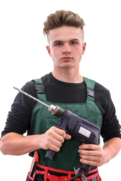 Homem Bonito Com Máquina Broca Posando Isolado Branco Trabalhador Macacão — Fotografia de Stock