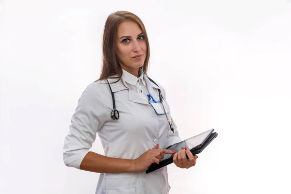 Comprimido Medicamento Mulher Bonita Médico Segurando Comprimido Isolado Branco Uso — Fotografia de Stock