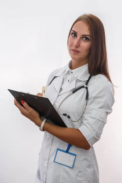 Medizinisches Personal Schöne Frau Medizinischem Mantel Posiert Isoliert Auf Weißem — Stockfoto