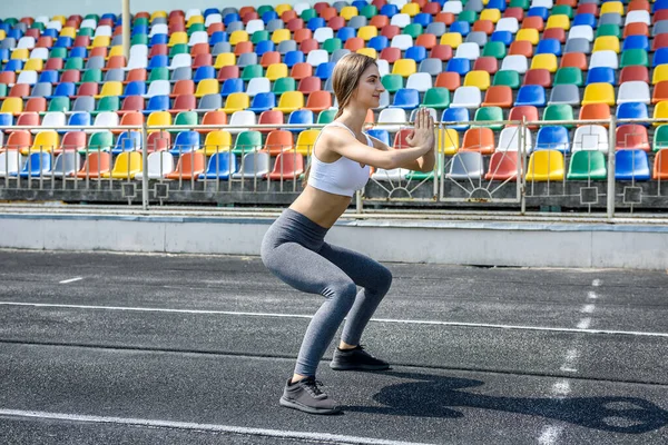 Young Sportive Woman Making Morning Exercises Outdoors Stadium — Stock Photo, Image