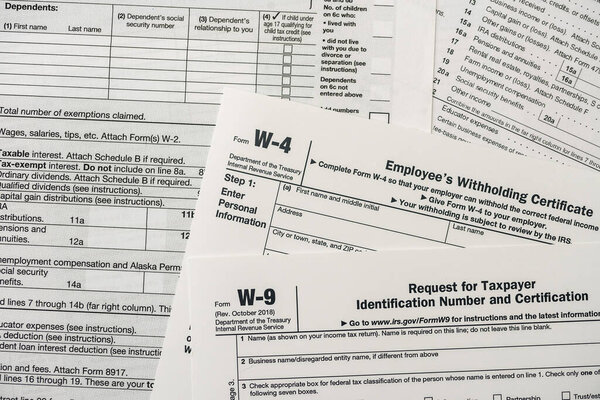 Paper blanks of 1040, w4 and w9 tax form close up
