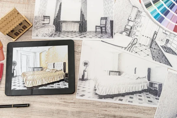 tablet showing bedroom plans in finished room. Modern apartment. Technical drawing. Home interior design, sketch