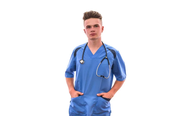 Médico Joven Inteligente Uniforme Médico Con Estetoscopio Posando Aislado Sobre — Foto de Stock