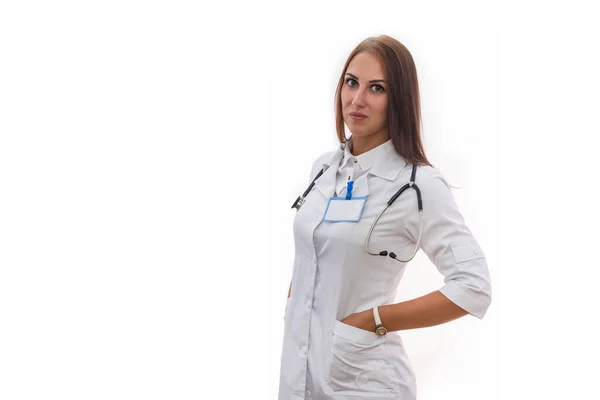 Medical Worker Beautiful Woman Medical Coat Posing Isolated White Background — Stock Photo, Image