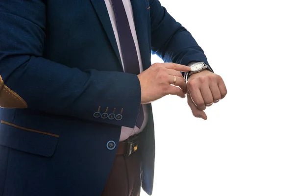 Бизнесмен Смотрит Часы Перед Бизнес Встречи Изолированы Белом Фоне — стоковое фото