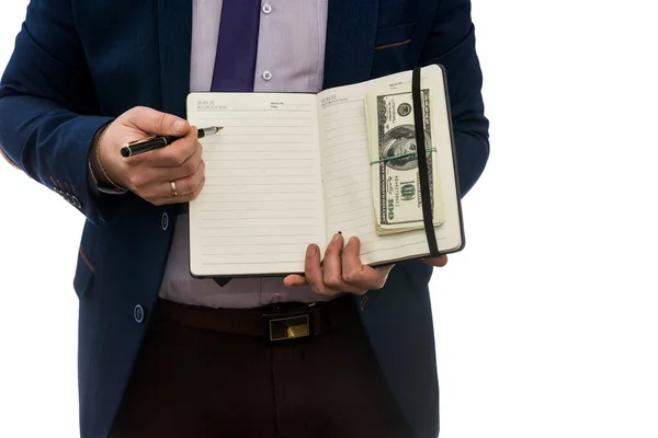 Man Holding Open Notebook Signs Purchase Lease Agreement Cash Isolated — Stock Photo, Image