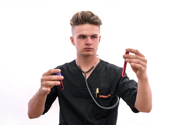 Koncept Chemie Laboratorních Experimentů Muž Lékařské Uniformě Ochranné Rukavice Drží — Stock fotografie