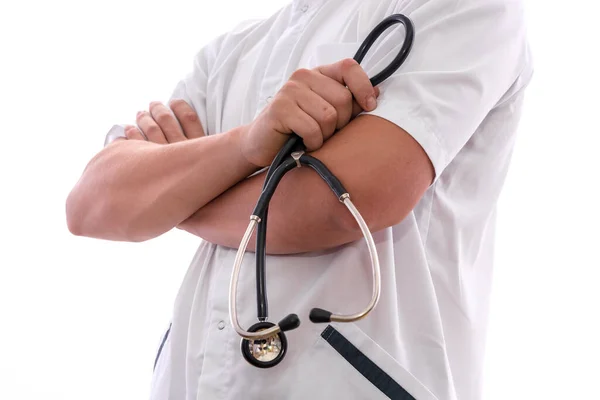 Médico Jovem Inteligente Uniforme Médico Com Estetoscópio Posando Isolado Branco — Fotografia de Stock