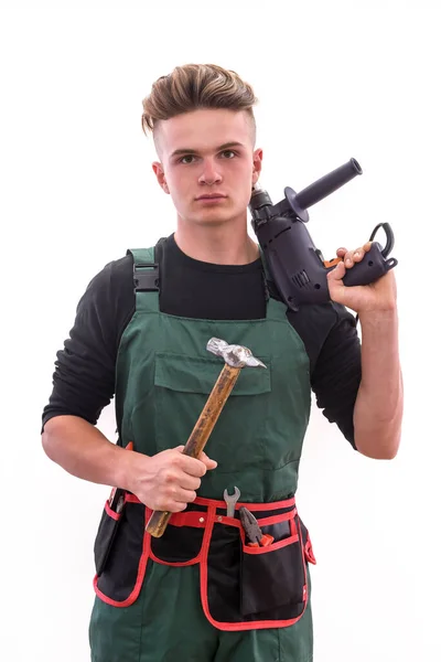 Handsome Worker Hammer Drill Machine Posing Isolated White — Stock Photo, Image