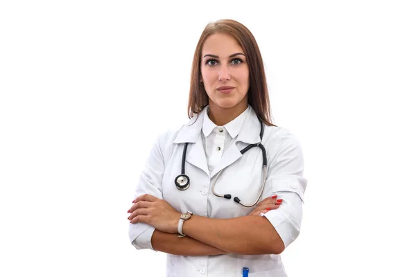 Medical Worker Beautiful Woman Medical Coat Posing Isolated White Background — Stock Photo, Image