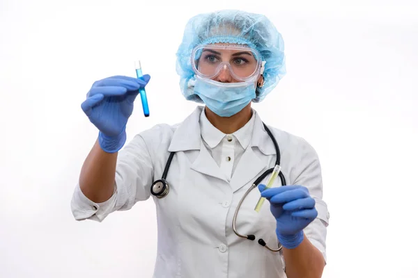 Chemist Protective Uniform Holding Examining Test Tube Blue Vial Substance — Stock Photo, Image