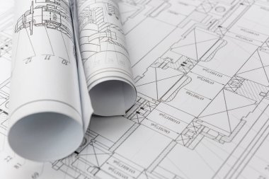 Bina planlı teknik çizimler, yakın çekim. Mühendislik kavramı