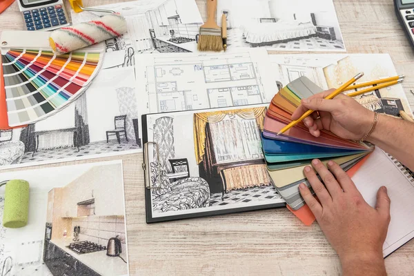 Designer Chooses Perfect Color New Apartment Sketch Modern Apartment — Stock Photo, Image